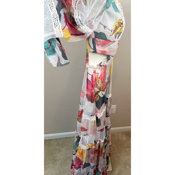 PatBO Hibiscus Lace Trim Long Sleeve Vanilla Cutout Maxi Dress Size 0 - Picture 11 of 16